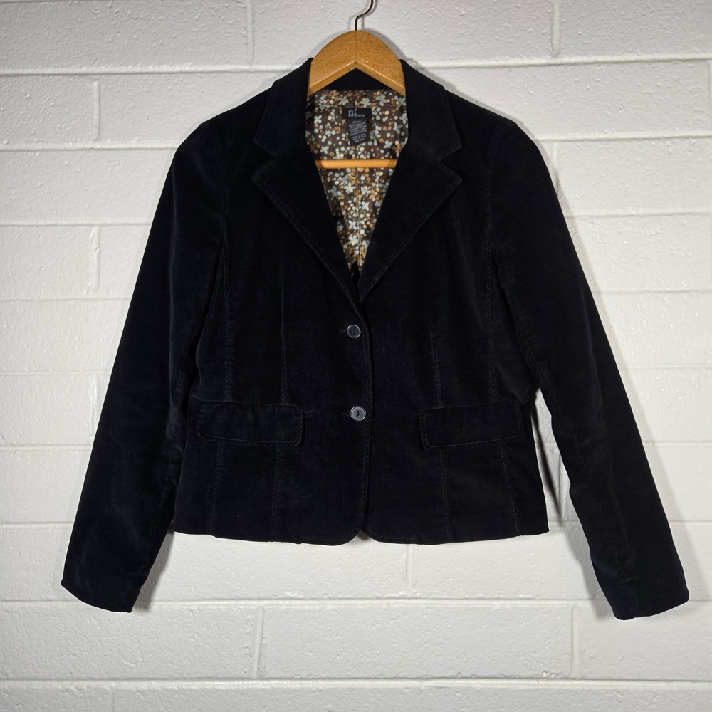 Vtg Black Corduroy Blazer Floral Lining Two Button Jacket Medium Goth Office y2k